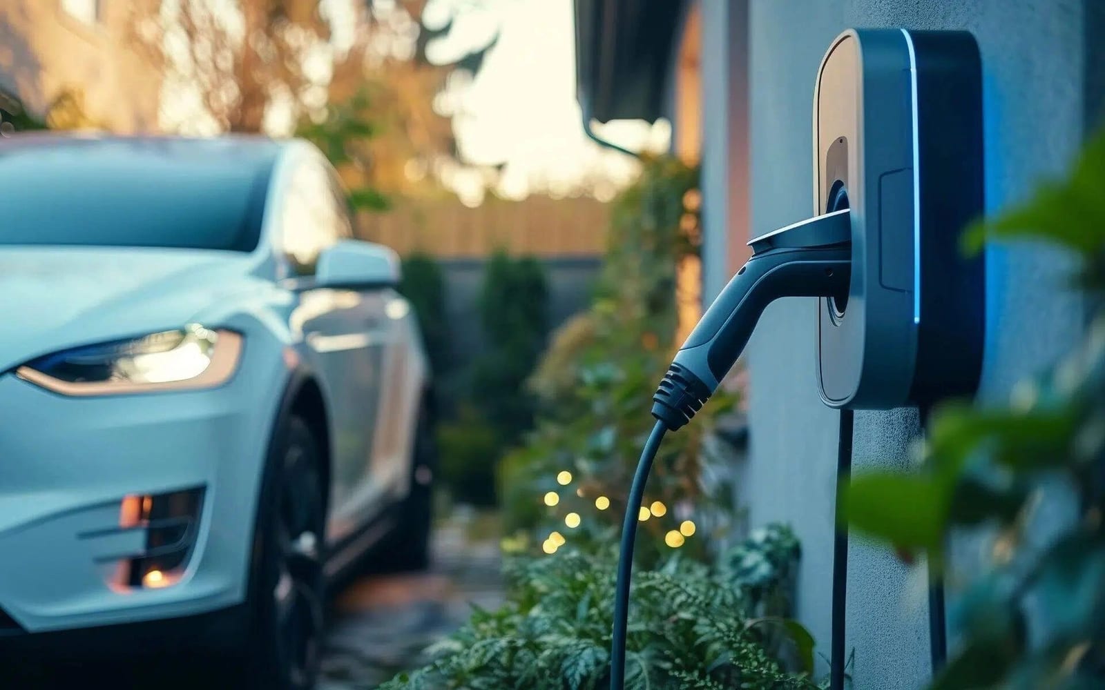 Wall-mounted residential EV charger beside an electric vehicle