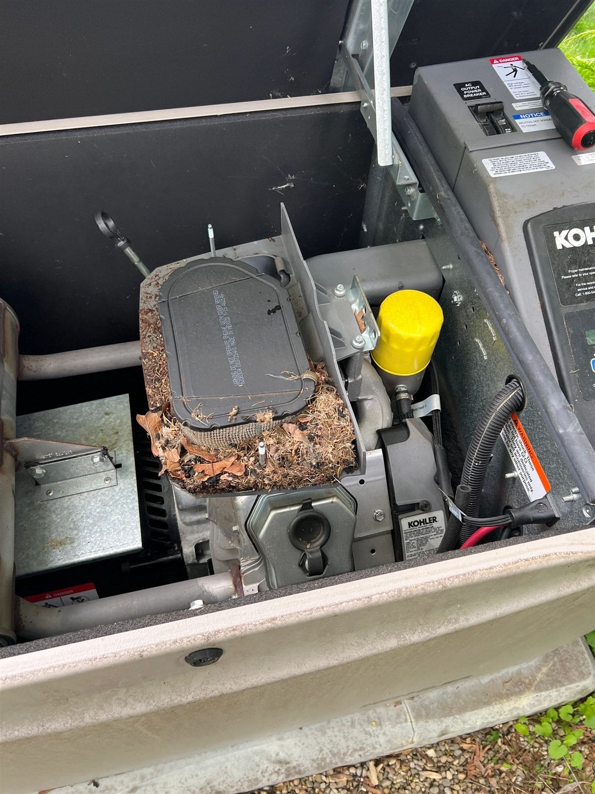 Debris collected inside a standby generator before maintenance